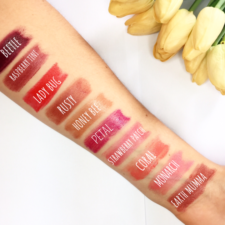 Hippie Stick Lip Butter Swatches: Beetle, Raspberry Tint, Lady Bug, Rusty, Honey Bee, Petal, Strawberry Patch, Coral, Monarch, Earth Mumma