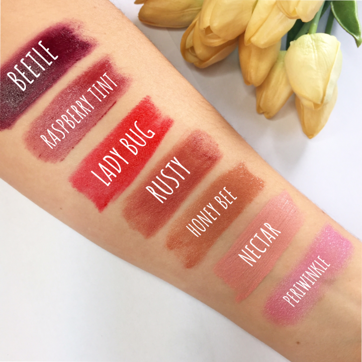Hippie Stick Lip Butter Swatches: Beetle, Raspberry Tint, Lady Bug, Rusty, Honey Bee, Nectar, Periwinkle